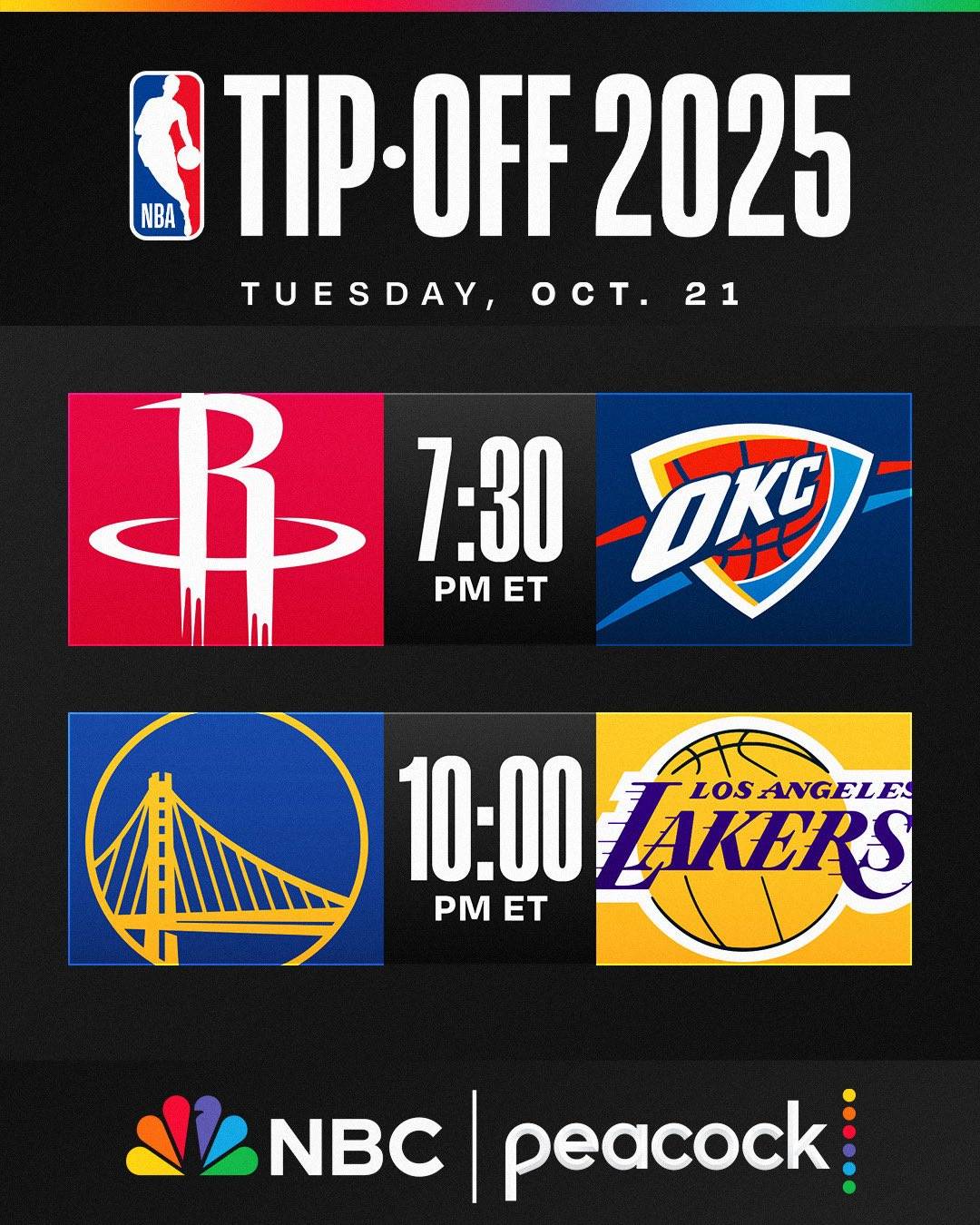 NBA官宣新赛季揭幕战：火箭VS雷霆 勇士(shì)VS湖人